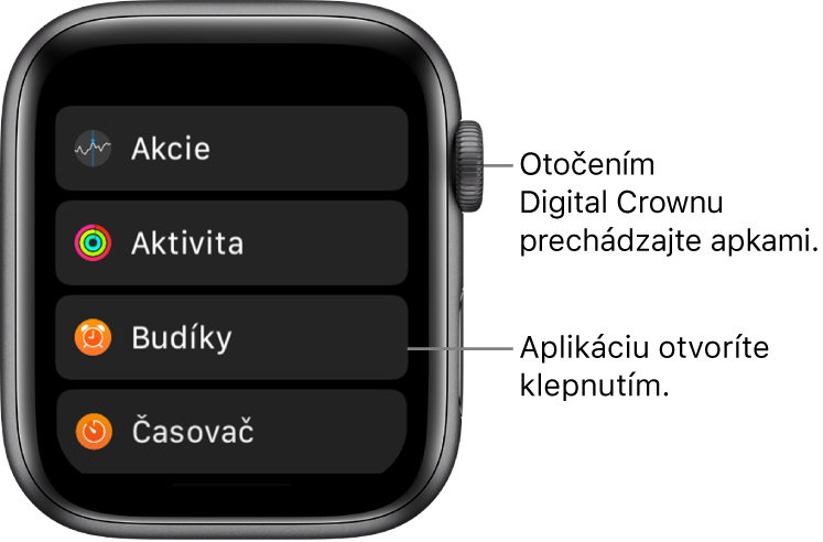 Plocha Apple Watch v zobrazení Zoznam, aplikácie sú usporiadané v zozname. Klepnutím na aplikáciu ju otvoríte. Rolovaním zobrazíte ďalšie aplikácie.