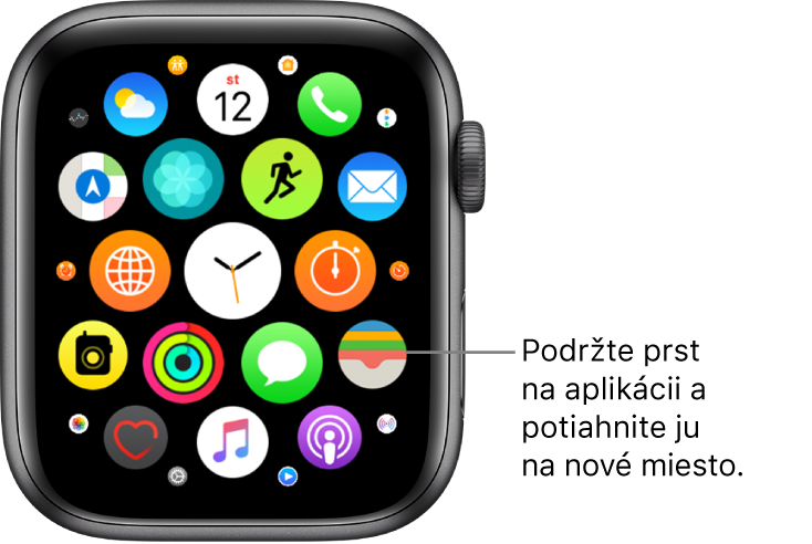 Plocha Apple Watch v zobrazení Mriežka. Text popisu je: Podržte prst na aplikácii a potiahnite ju na nové miesto.