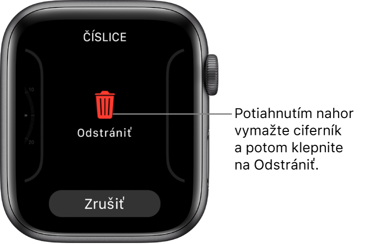 Obrazovka Apple Watch zobrazujúca tlačidlá Odstrániť a Zrušiť, ktorá sa zobrazí, keď potiahnete prstom na ciferníku a potom ho vymažete potiahnutím prsta nahor.
