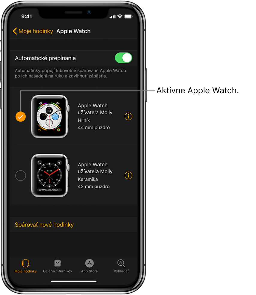 Značka odškrtnutia ukazuje aktívne Apple Watch.