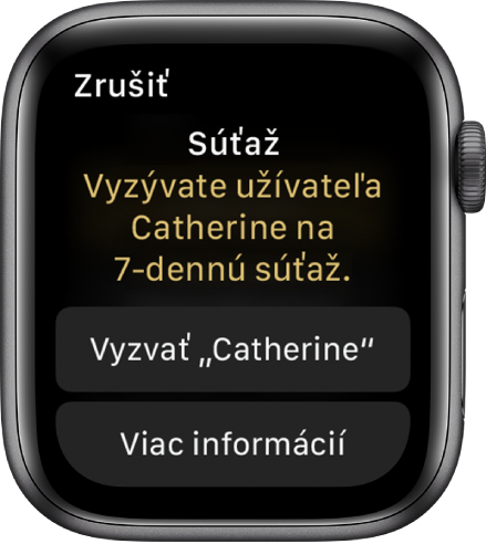 Obrazovka Súťažiť obsahujúca slová Súťaženie: pozývate Katarínu na sedemdňovú súťaž. Pod tým sa zobrazia dve tlačidlá. Na prvom je napísané Pozvať Katarínu a na druhom Ďalšie informácie.