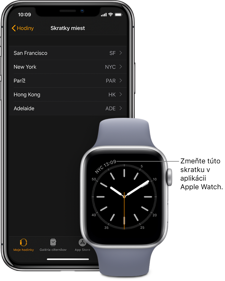 Ciferník hodiniek s ukazovateľom na čase v New Yorku so skratkou NYC. Nasledujúca obrazovka zobrazuje zoznam miest v nastaveniach Skratky miest, v nastaveniach Hodiny v aplikácii Apple Watch na iPhone.