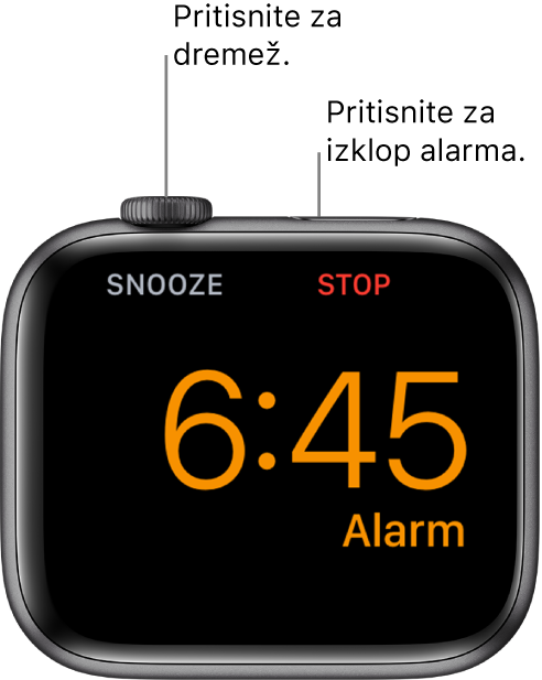 Ura Apple Watch na boku, na zaslonu pa je prikazan sprožen alarm. Pod gumbom Digital Crown je beseda »Snooze« (Dremež). Beseda »Stop« (Ustavi) je pod stranskim gumbom.