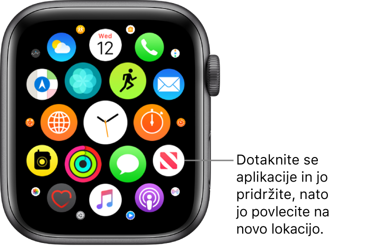 Zaslon Home (Domov) ure Apple Watch z aplikacijami v mreži. Oblaček se glasi: »Dotaknite se aplikacije in jo držite, nato jo povlecite na novo mesto.«