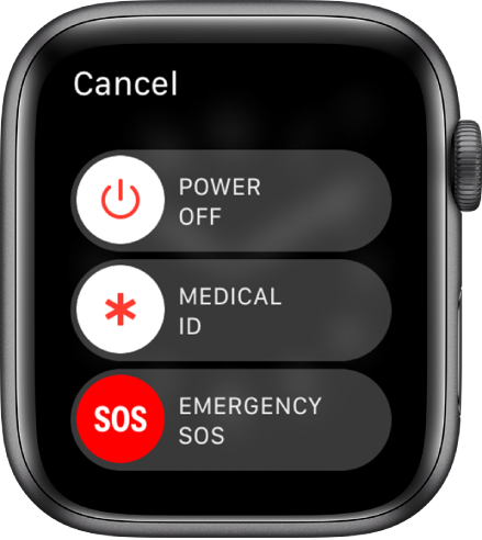 Zaslon ure Apple Watch s tremi drsniki: Power Off (Izklop), Medical ID (Zdravstvena kartica) in Emergency SOS (Klic v sili). Povlecite drsnik Power Off (Izklop), da izklopite uro Apple Watch.