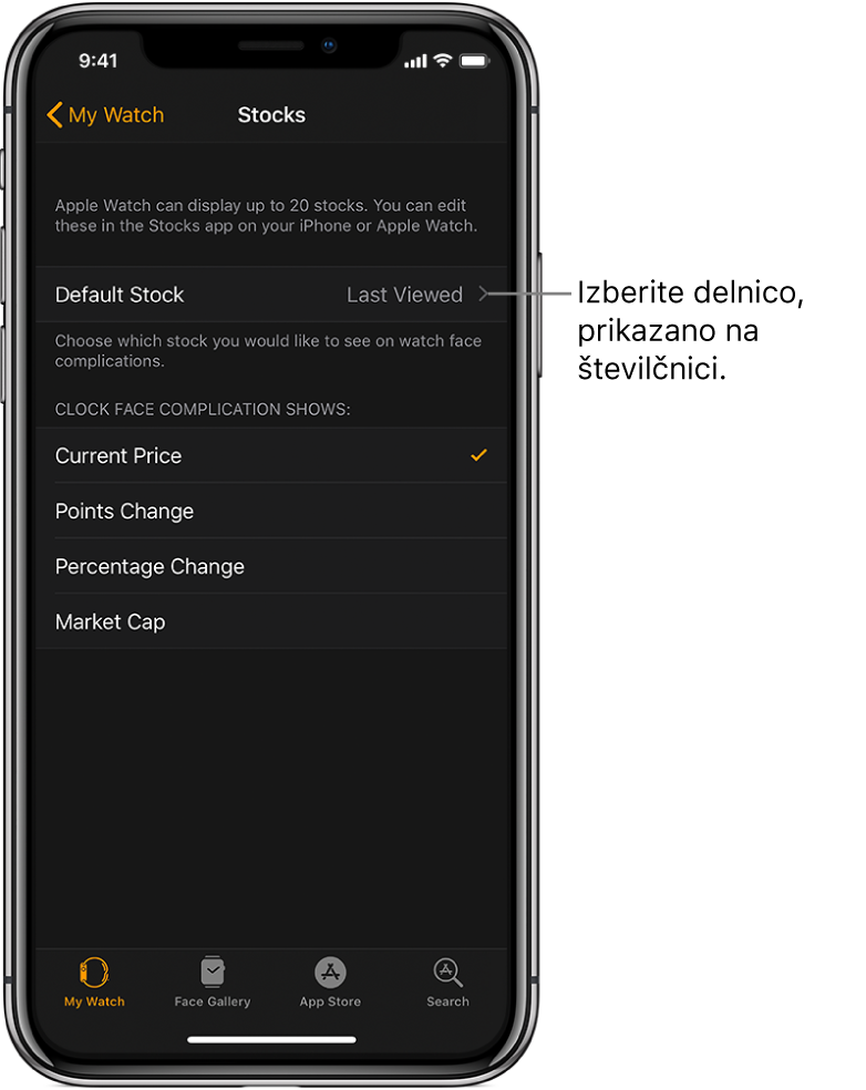 Zaslon nastavitev aplikacije Stocks (Delnice) v aplikaciji Apple Watch v napravi iPhone, ki prikazuje možnosti za izbiro v naslovu Default Stock (Privzeta delnica), ki je nastavljena na možnost Last Viewed (Nazadnje ogledana).