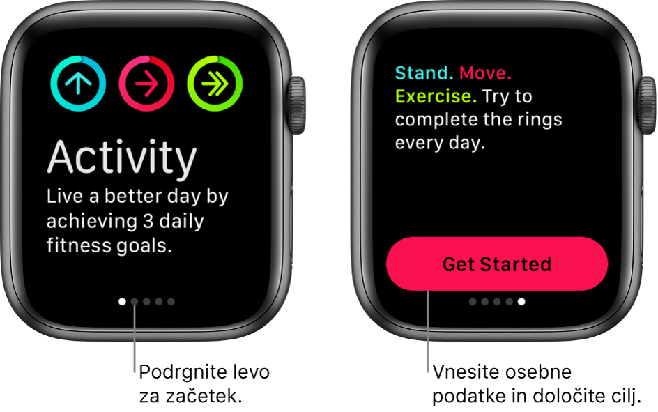Dva zaslona: prvi prikazuje začetni zaslon aplikacije Activity (Aktivnost), drugi pa gumb Get Started (Začetek uporabe).