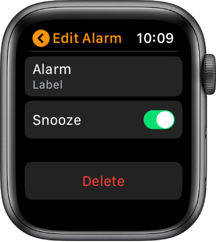 Zaslon možnosti Edit Alarm (Uredi alarm) z gumbom Delete (Izbriši) na dnu zaslona.