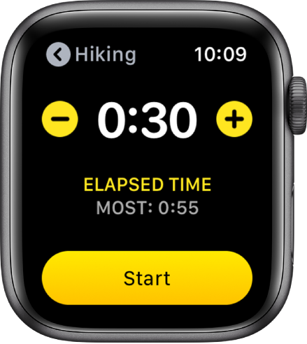 Zaslon cilja, ki zgoraj prikazuje čas s tipkama - in + na obeh straneh in gumbom Start (Začni) na dnu.