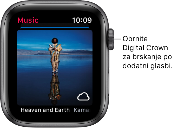 Zaslon prikazuje album z naslovnico v aplikaciji Music (Glasba).
