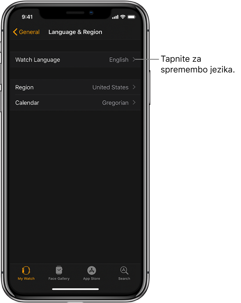 Zaslon Language & Region (Jezik in regija) v aplikaciji Apple Watch z nastavitvijo Watch Language (Jezik ure) blizu vrha.