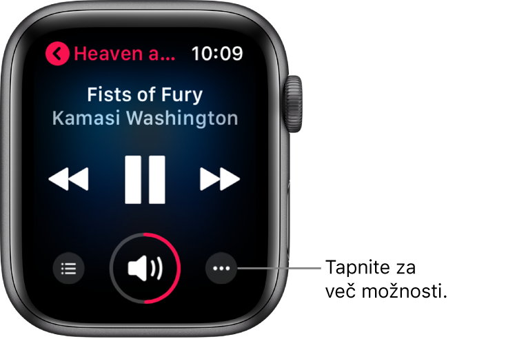 Zaslon Now Playing (Zdaj se predvaja) prikazuje kontrolnike za predvajanje in glasnost, naslov pesmi in izvajalca nad njimi ter naslov albuma zgoraj levo.