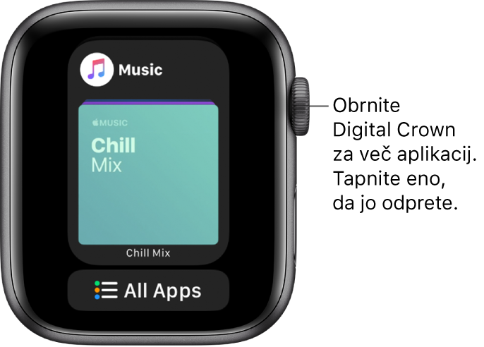 Vrstica Dock s prikazano aplikacijo Music (Glasba), pod njo pa gumb All Apps (Vse aplikacije). Obračajte gumb Digital Crown, da se prikaže še več aplikacij. Tapnite aplikacijo, ki jo želite odpreti.