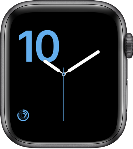 Številčnica s prikazom ure s številko v izklesani tipografiji modre barve in pripomoček aktivnosti v spodnjem levem kotu.