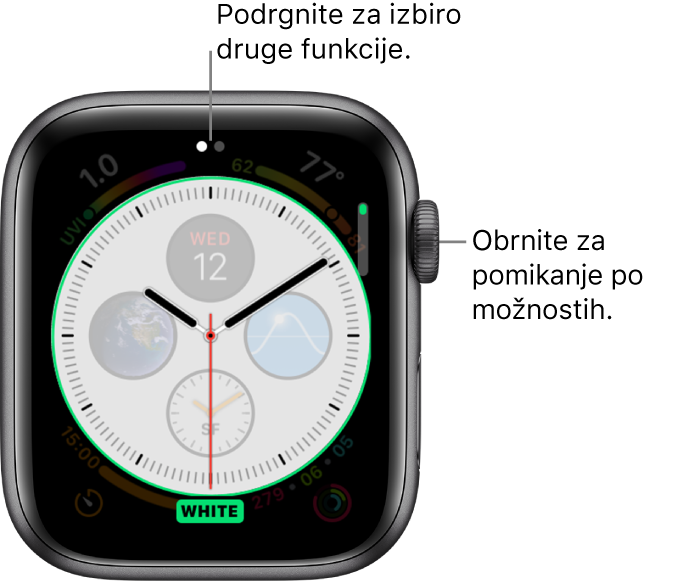 Zaslon številčnice Infograph (Infograf) z označenim slogom analogne številčnice. Z vrtenjem gumba Digital Crown spreminjate možnosti.