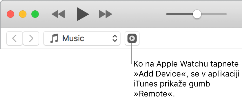 Gumb Remote (Daljinski upravljalnik) v storitvi iTunes se prikaže, ko poskušate v uro Apple Watch dodati knjižnico.