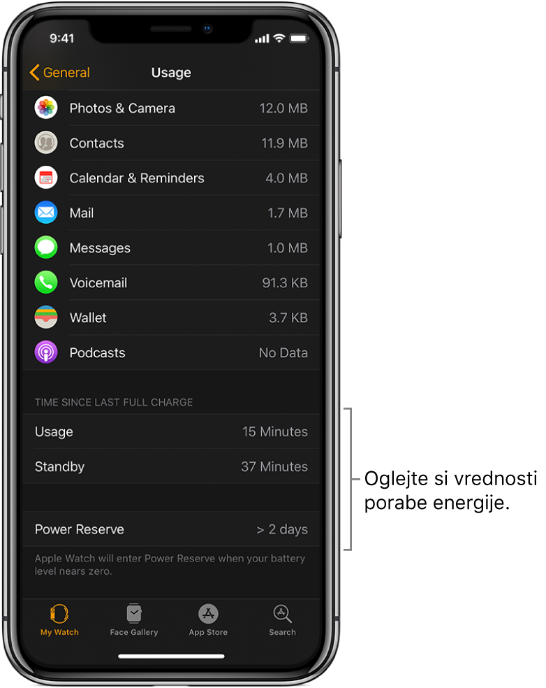 Na zaslonu Usage (Poraba) v aplikaciji Apple Watch so v spodnji polovici zaslona vidne vrednosti porabe, stanja pripravljenosti in varčevanja z energijo.