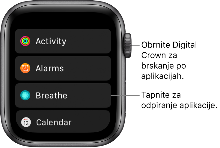 Zaslon Home (Domov) v pogledu seznama v uri Apple Watch in aplikacije na seznamu. Tapnite aplikacijo, ki jo želite odpreti. Podrsajte, če želite videti več aplikacij.