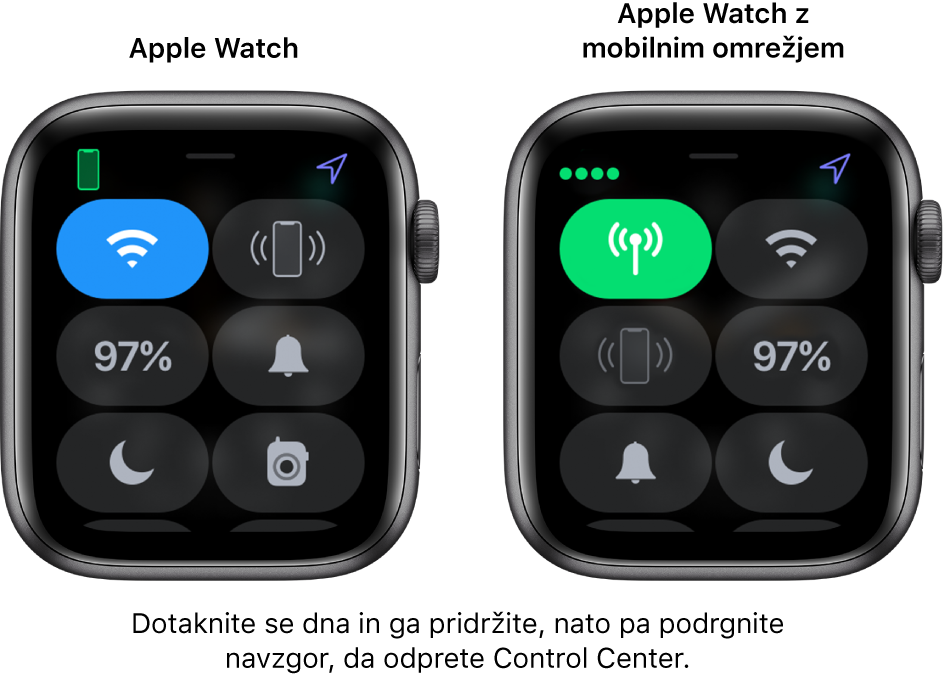 Dve sliki: Apple Watch brez mobilnega omrežja na levi s prikazom možnosti Control Center (Središče za nadzor). Gumb Wi-Fi je zgoraj levo, gumb Ping iPhone (Pingaj iPhone) zgoraj desno, gumb Battery Percentage (Odstotek baterije) na sredini levo, gumb za Silent Mode (Tihi način) na sredini desno, gumb Do not Disturb (Ne moti) spodaj levo in gumb Walkie-Talkie (Voki-toki) spodaj desno. Na desni sliki je Apple Watch z mobilnim omrežjem. Control Center (Središče za nadzor) prikazuje gumb Cellular (Mobilno omrežje) zgoraj levo, gumb Wi-Fi zgoraj desno, Ping iPhone (Pingaj iPhone) na sredini levo, Battery Percentage (Odstotek baterije) na sredini desno, Silent Mode (Tihi način) spodaj levo in Do Not Disturb (Ne moti) spodaj desno.