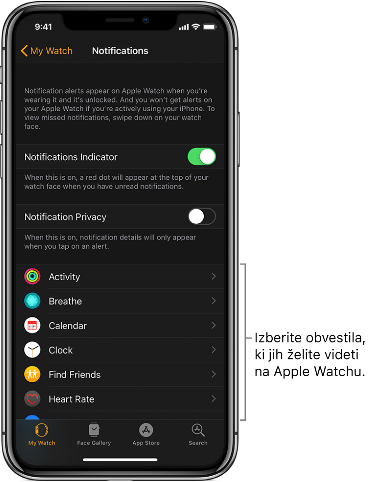 Zaslon Notifications (Obvestila) v aplikaciji Apple Watch v napravi iPhone, na katerem so prikazani viri obvestil.