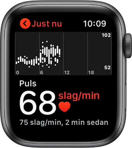 Skärm i appen Puls som visar din nuvarande puls längst ned till vänster, senaste mätningen i mindre textstorlek under den samt ett diagram ovanför med information om din puls under dagen.