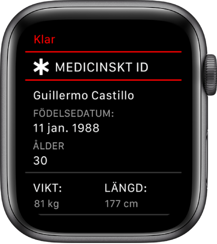 Skärmen för Medicinskt ID som visar användarens namn, födelsedatum, ålder, vikt och längd.
