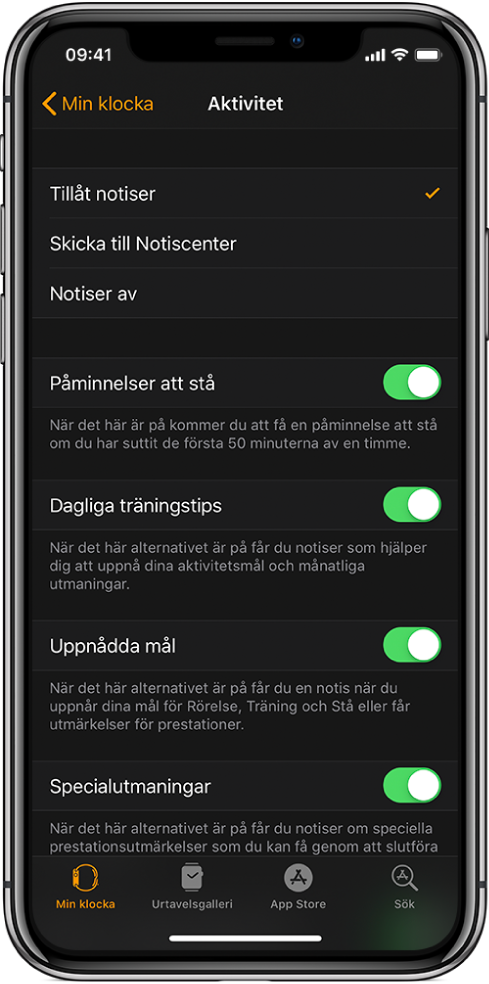 Aktivitetsskärmen i Apple Watch-appen där du kan anpassa vilka notiser du vill få.