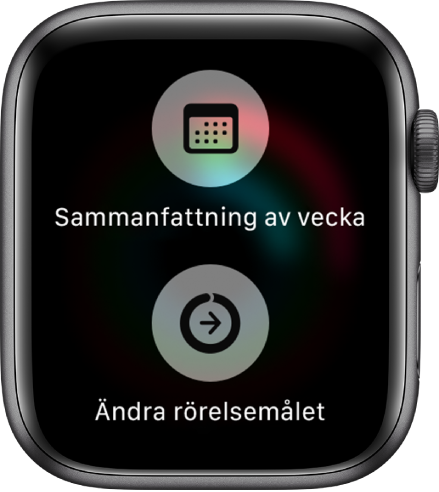 Skärmen i appen Aktivitet som visar knapparna Veckosammanfattning och Ändra rörelsemålet.