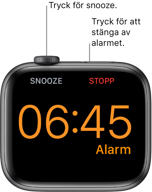 En Apple Watch som ligger på sidan med skärmen som visar ett alarm som har aktiverats. Under Digital Crown visas ordet Snooze. Ordet Stopp visas under sidoknappen.