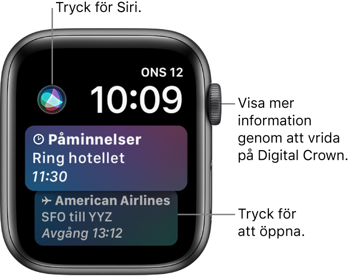 Urtavlan Siri med en påminnelse och ett boardingkort. En Siri-knapp finns högst upp till vänster på skärmen. Datum och tid visas högst upp till höger.