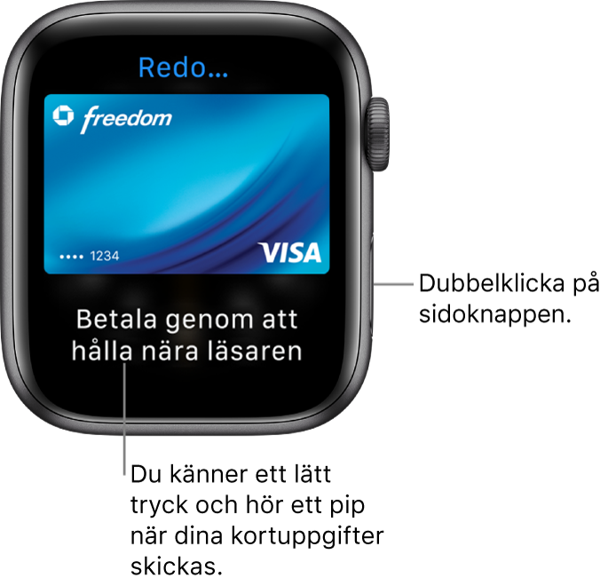 Apple Pay-skärm med ”Redo” överst och ”Betala genom att hålla nära läsaren” längst ned. Ett lätt tryck känns och ett ljud hörs när kortinformationen skickas.