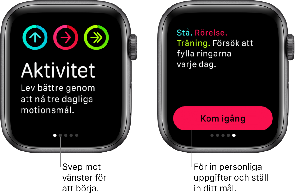 Två skärmar: en med startskärmen i appen Aktivitet och den andra med knappen Kom igång.