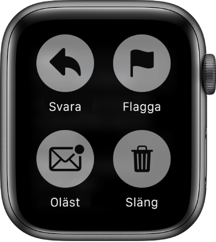 När du visar ett brev på Apple Watch och trycker på skärmen visas fyra knappar på skärmen: Svara, Flagga, Oläst och Släng.