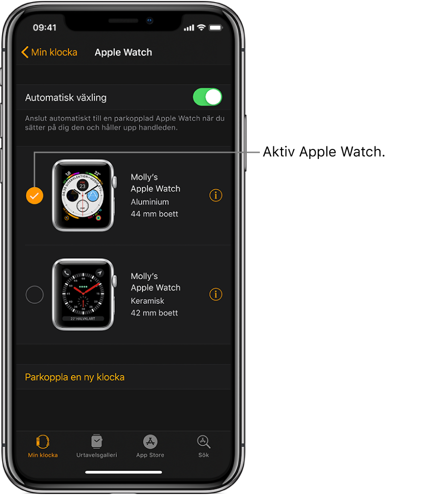En bockmarkering visar vilken Apple Watch som är aktiv.