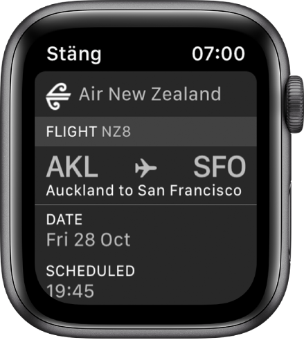 Apple Watch som visar ett boardingkort.