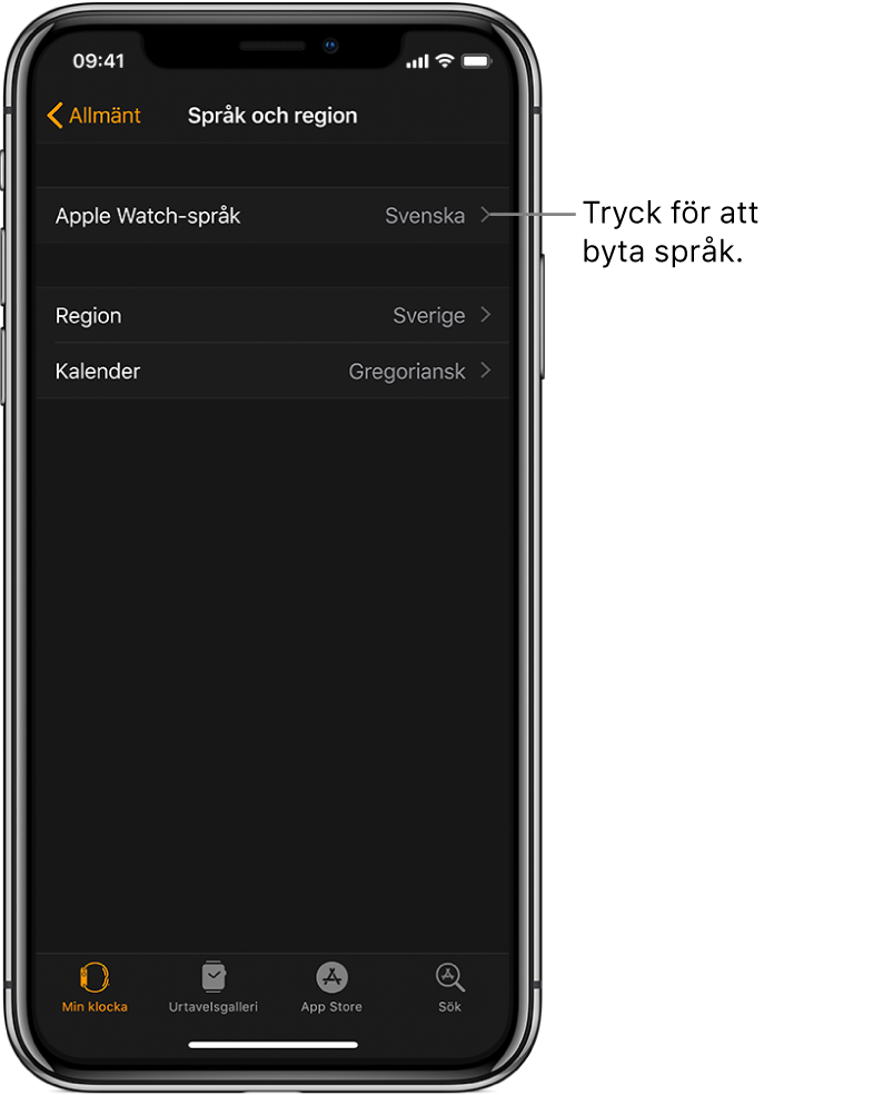 Skärmen Språk och region i Apple Watch-appen med inställningen Apple Watch-språk nästan högst upp.