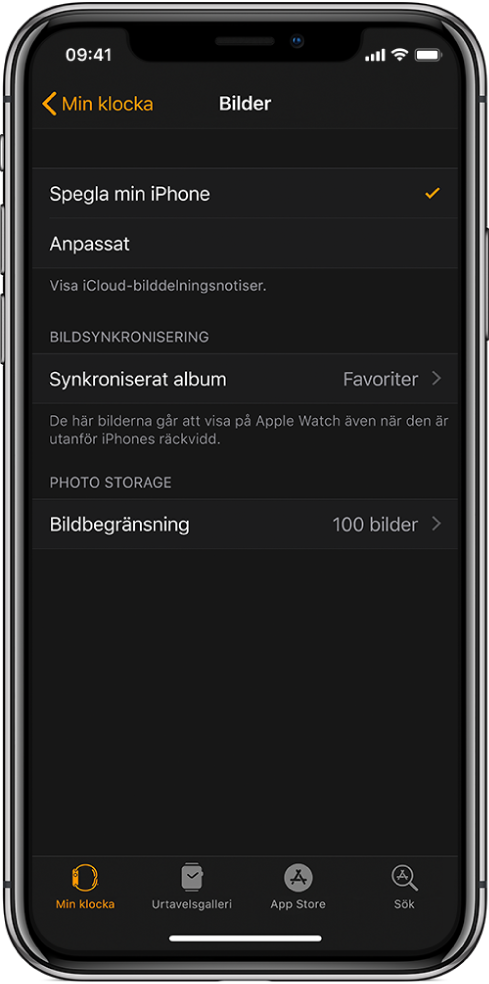 Bilder-inställningar i Apple Watch-appen på iPhone. Inställningen Synkat album finns i mitten och under den inställningen Bildbegränsning.