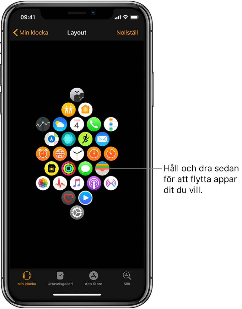 Layoutskärmen i Apple Watch-appen visar ett rutnät med symboler. Ett streck pekar mot en appsymbol med texten Håll och dra för att flytta appar dit du vill.