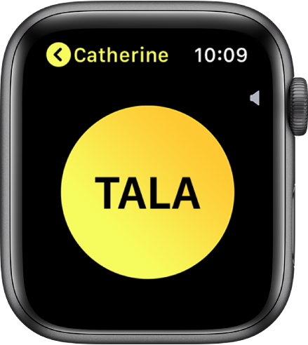 Skärmen för Walkie-talkie som visar en stor Tala-knapp i mitten, volymindikator i övre högra hörnet och namnet Tejo i övre vänstra hörnet.
