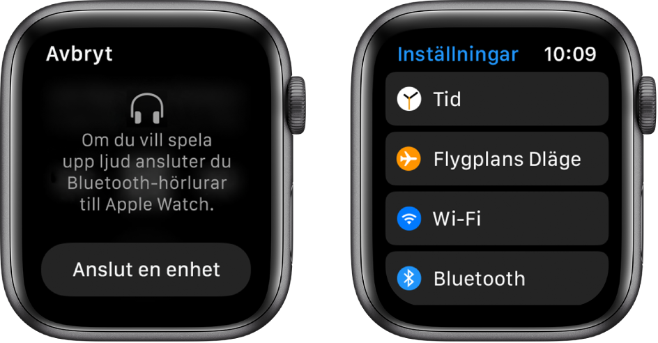 Om du byter ljudkälla till Apple Watch innan du har parkopplat Bluetooth-högtalare eller -hörlurar visas knappen Anslut mitt på skärmen. Tryck på den så öppnas Bluetooth-inställningarna på Apple Watch där du kan lägga till en uppspelningsenhet.