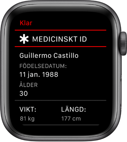 En skärm för medicinskt ID som visar en användares namn, födelsedatum, ålder, vikt och längd.