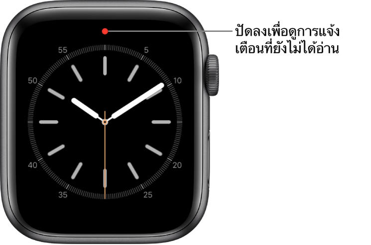 จุดสีแดงจะแสดงขึ้นที่กึ่งกลางด้านบนของหน้าปัดนาฬิกาของคุณเมื่อคุณมีการแจ้งเตือนที่ยังไม่ได้อ่าน