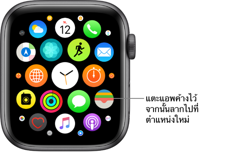 หน้าจอโฮมของ Apple Watch ในมุมมองตาราง คำอธิบายเขียนว่า “แตะแอพค้างไว้ จากนั้นลากไปที่ตำแหน่งใหม่”