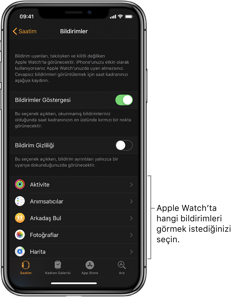 iPhone’daki Apple Watch uygulamasında bildirim kaynaklarını gösteren Bildirimler ekranı.