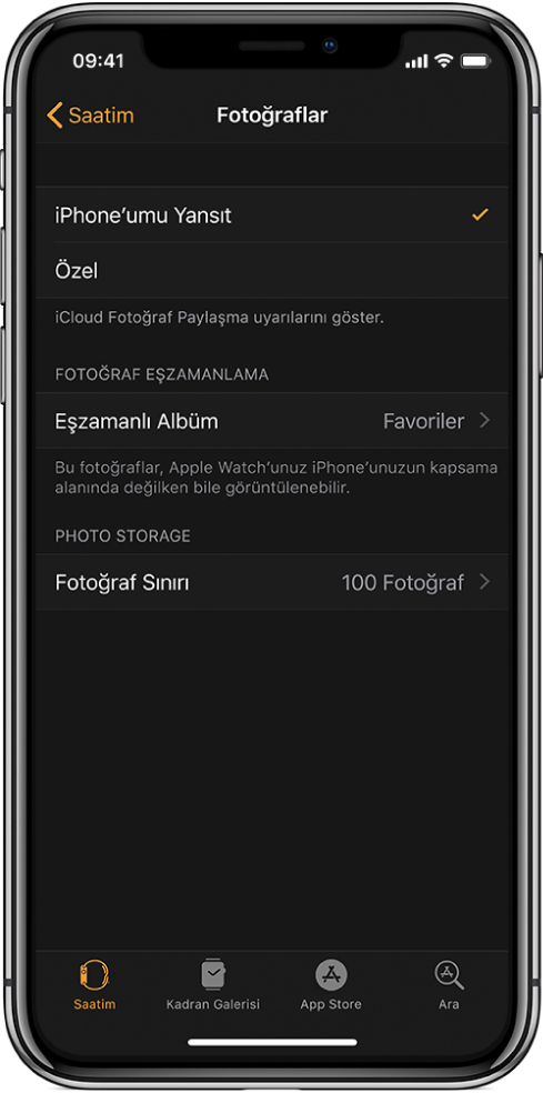 Ortada eşzamanlanmış Albüm ayarını ve altında Fotoğraf Sınırı ayarını gösteren iPhone Apple Watch uygulamasının Fotoğraflar ayarları.