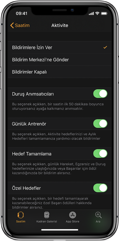 Apple Watch uygulamasında, almak istediğiniz bildirimleri özelleştirebileceğiniz Aktivite ekranı.