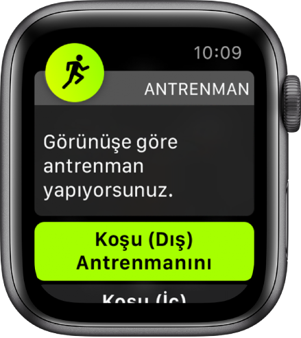 “Görünüşe göre antrenman yapıyorsunuz” cümlesinin ve ardından “Koşu (Dış) Antrenmanını Kaydet” yazılı düğmenin göründüğü Antrenman algılama ekranı.