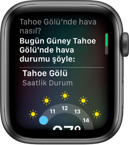 Bir Siri ekranı En üstte “Bugün Ankara’da hava nasıl?” sorusu. Altındaki yanıtta “Bugün Ankara’daki hava durumu” yazısı ve ardından Ankara’daki saatlik hava durumunu gösteren grafik.