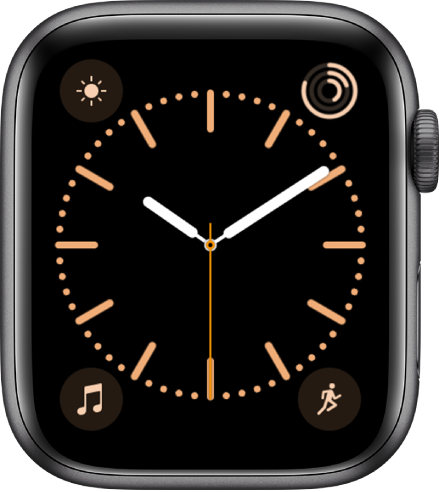 Saat kadranının rengini düzenleyebileceğiniz Renk saat kadranı. Dört komplikasyon gösterir: Sol üstte Hava Durumu, sağ üstte Aktivite, sol altta Müzik ve sağ altta Aktivite.