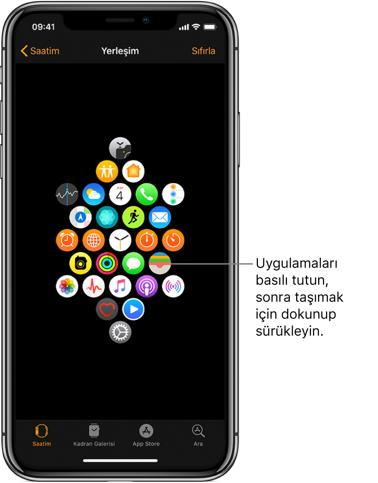 Izgara görüntüsünde simgelerin gösterildiği Apple Watch uygulamasındaki yerleşim ekranı. Uygulama simgesine işaret eden bir belirtme çizgisinde “Uygulamaları taşıma için dokunup sürükleyin” yazıyor.